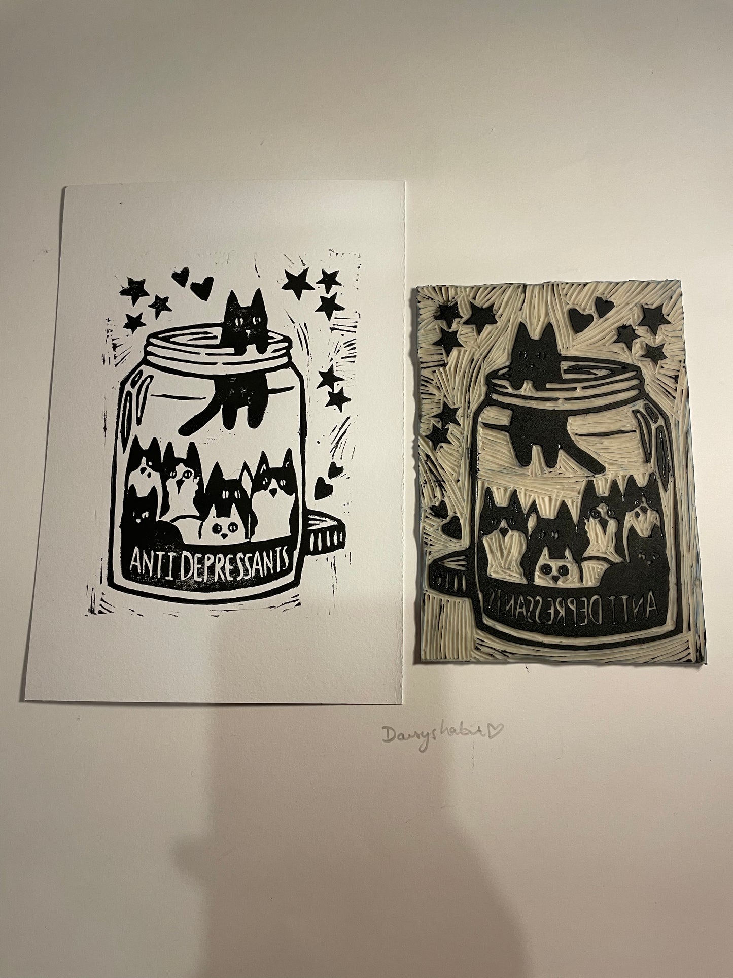 Antidepressant cat jar linocut art print
