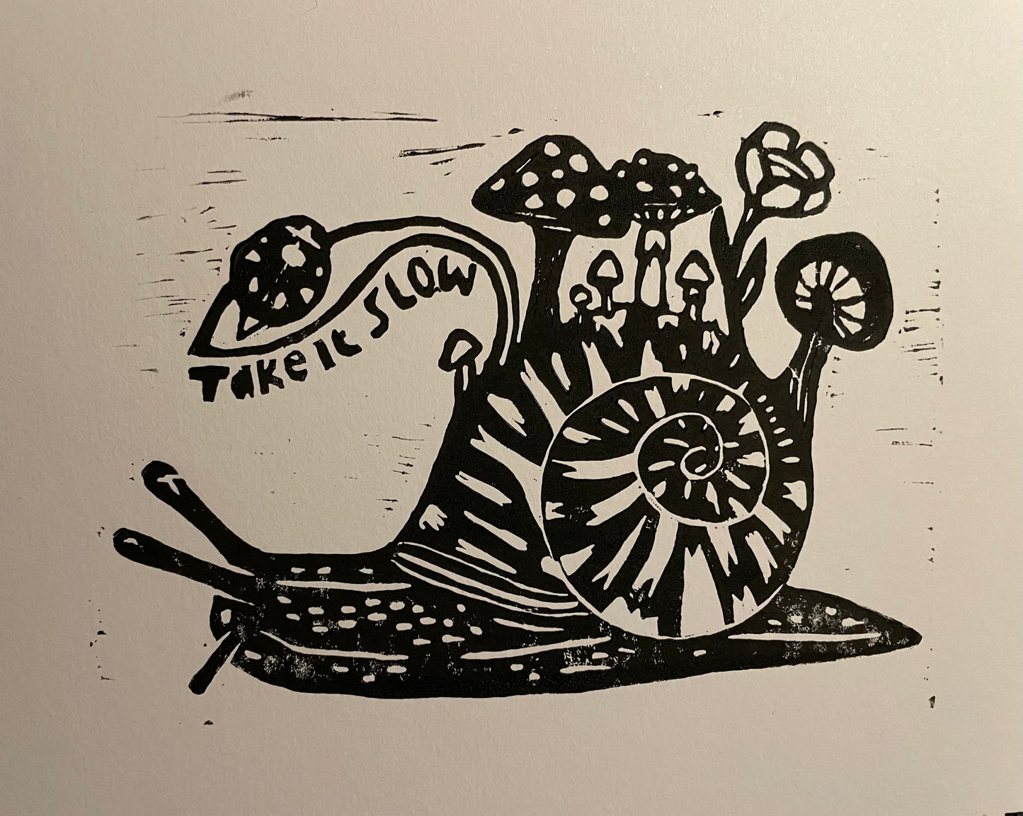 Take it slow snail with mushrooms linocut art print