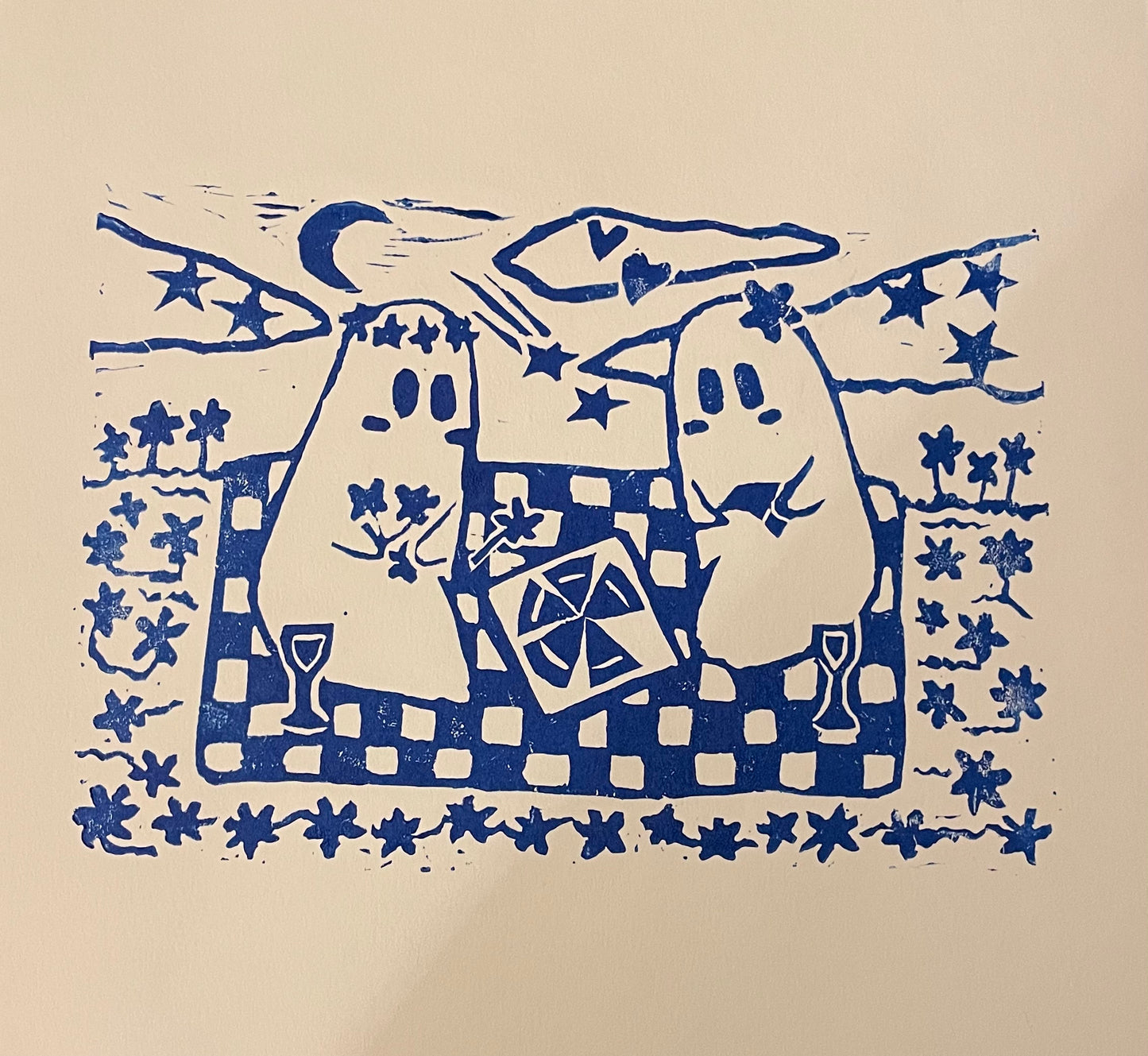 ghost picnic linocut art print