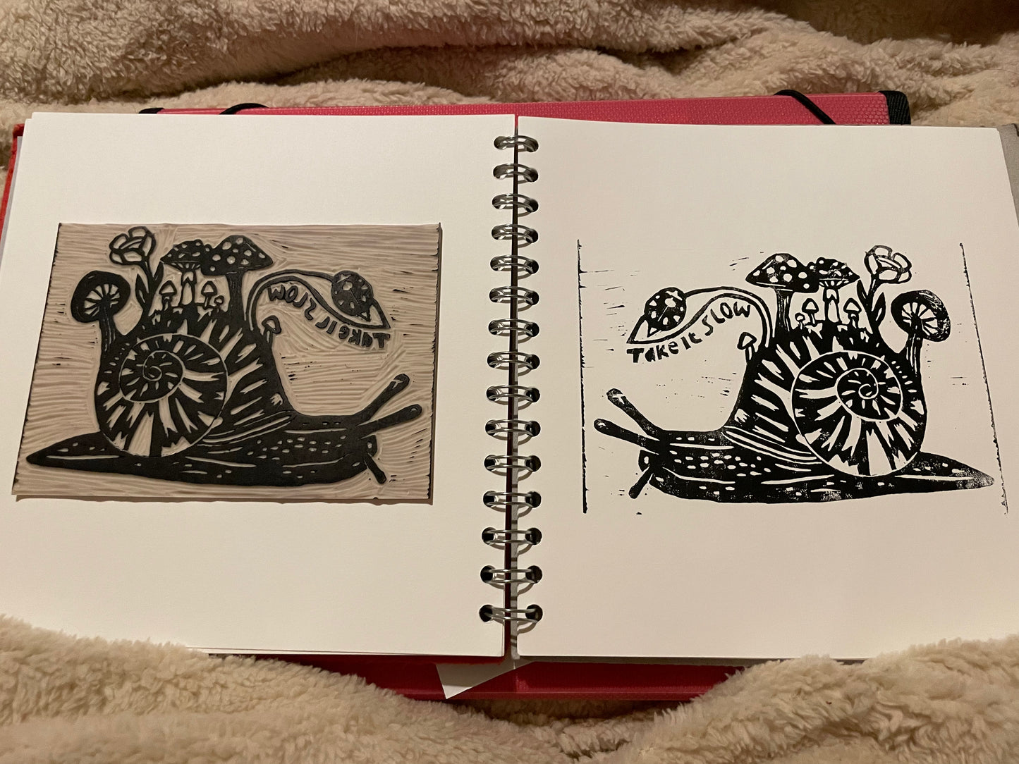 Take it slow snail with mushrooms linocut art print