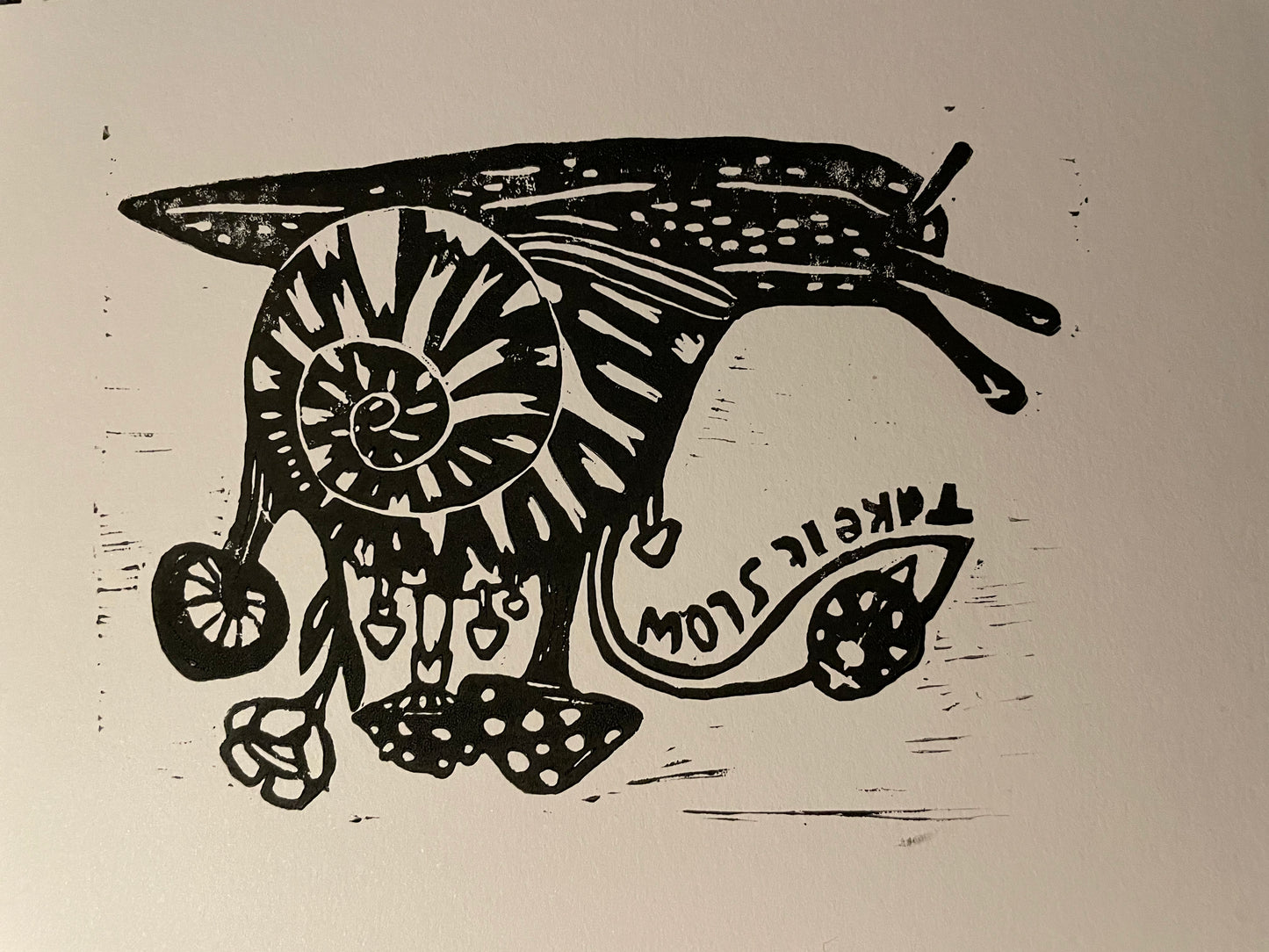 Take it slow snail with mushrooms linocut art print
