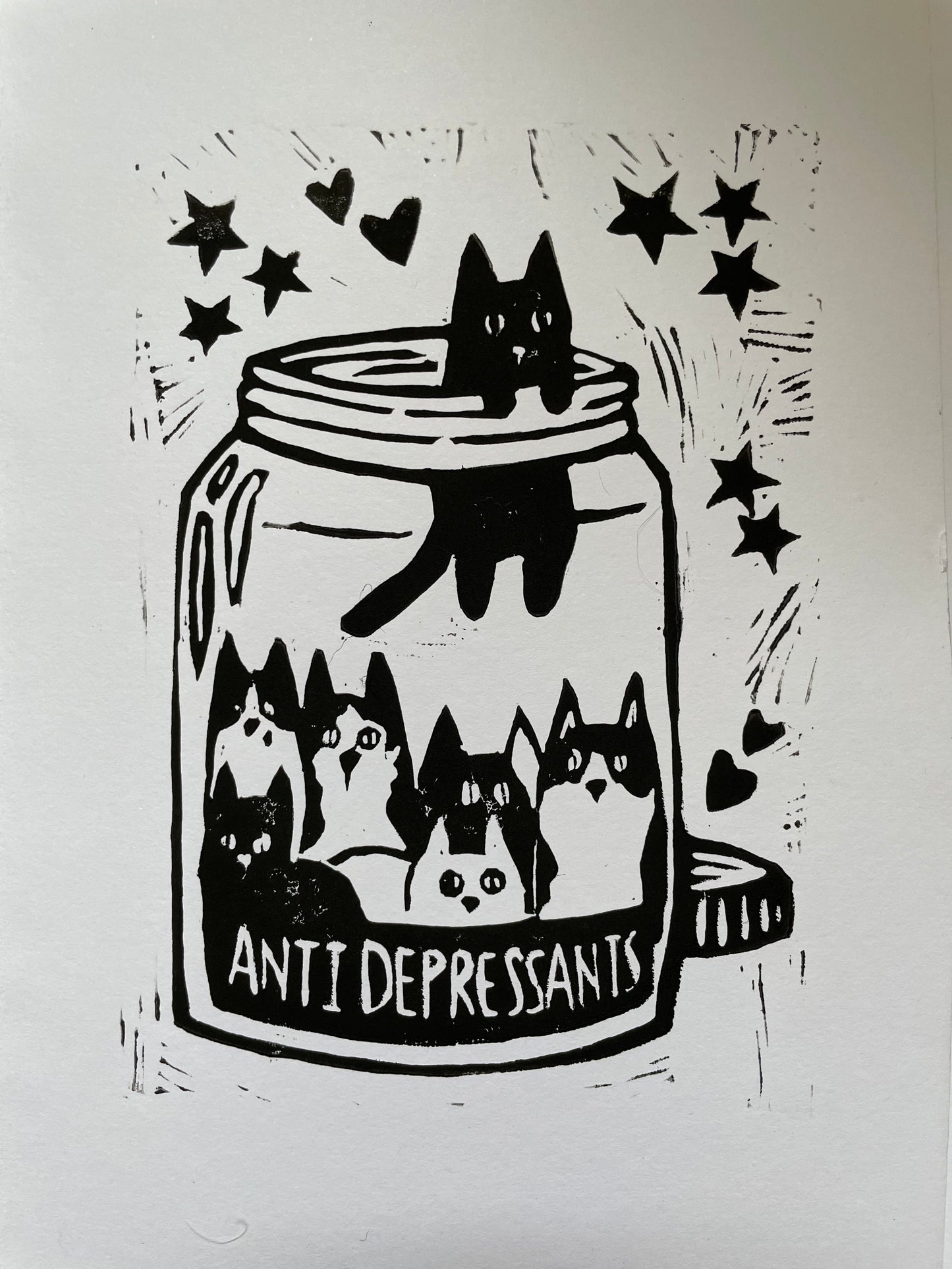 Antidepressant cat jar linocut art print