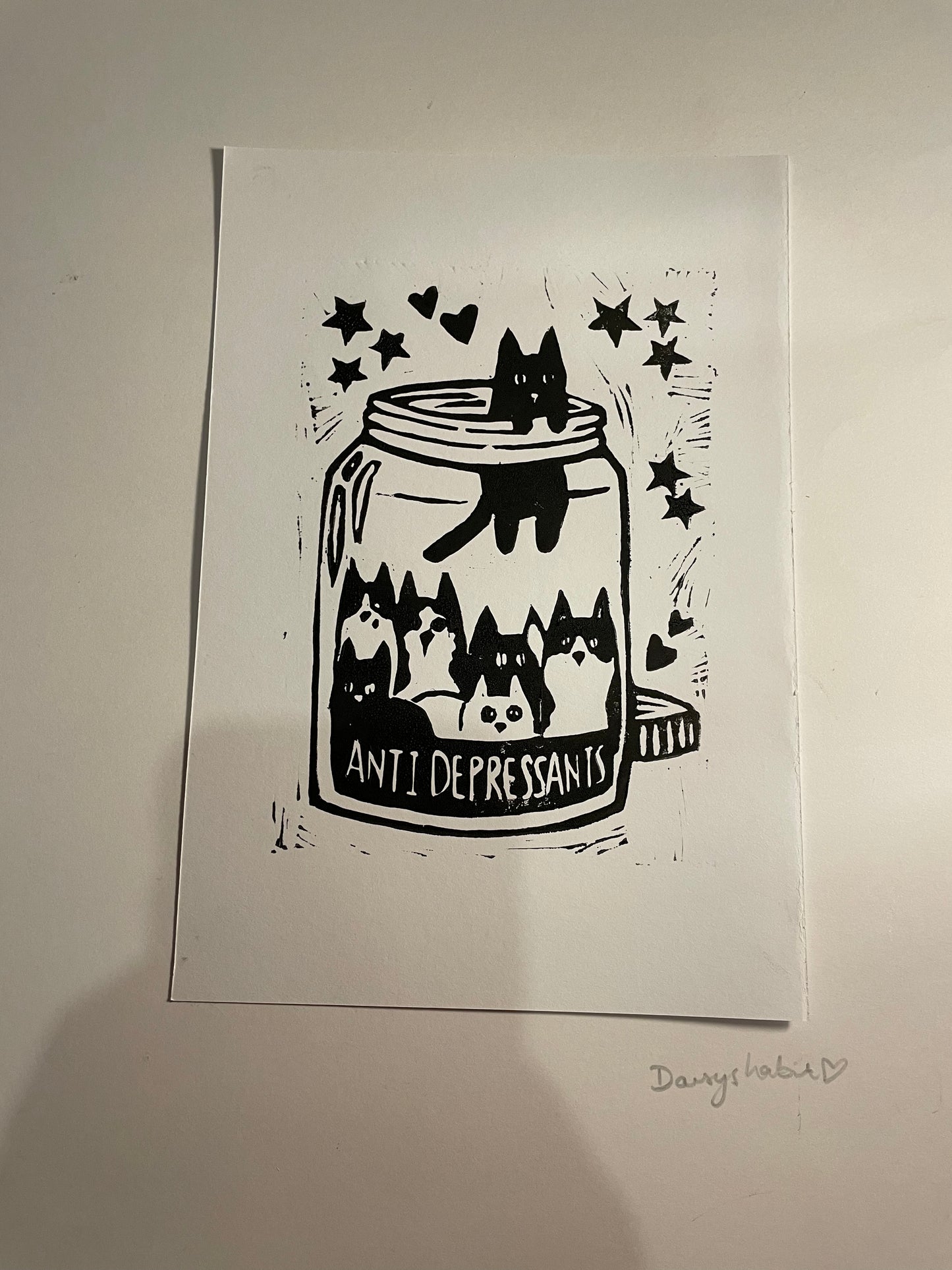 Antidepressant cat jar linocut art print