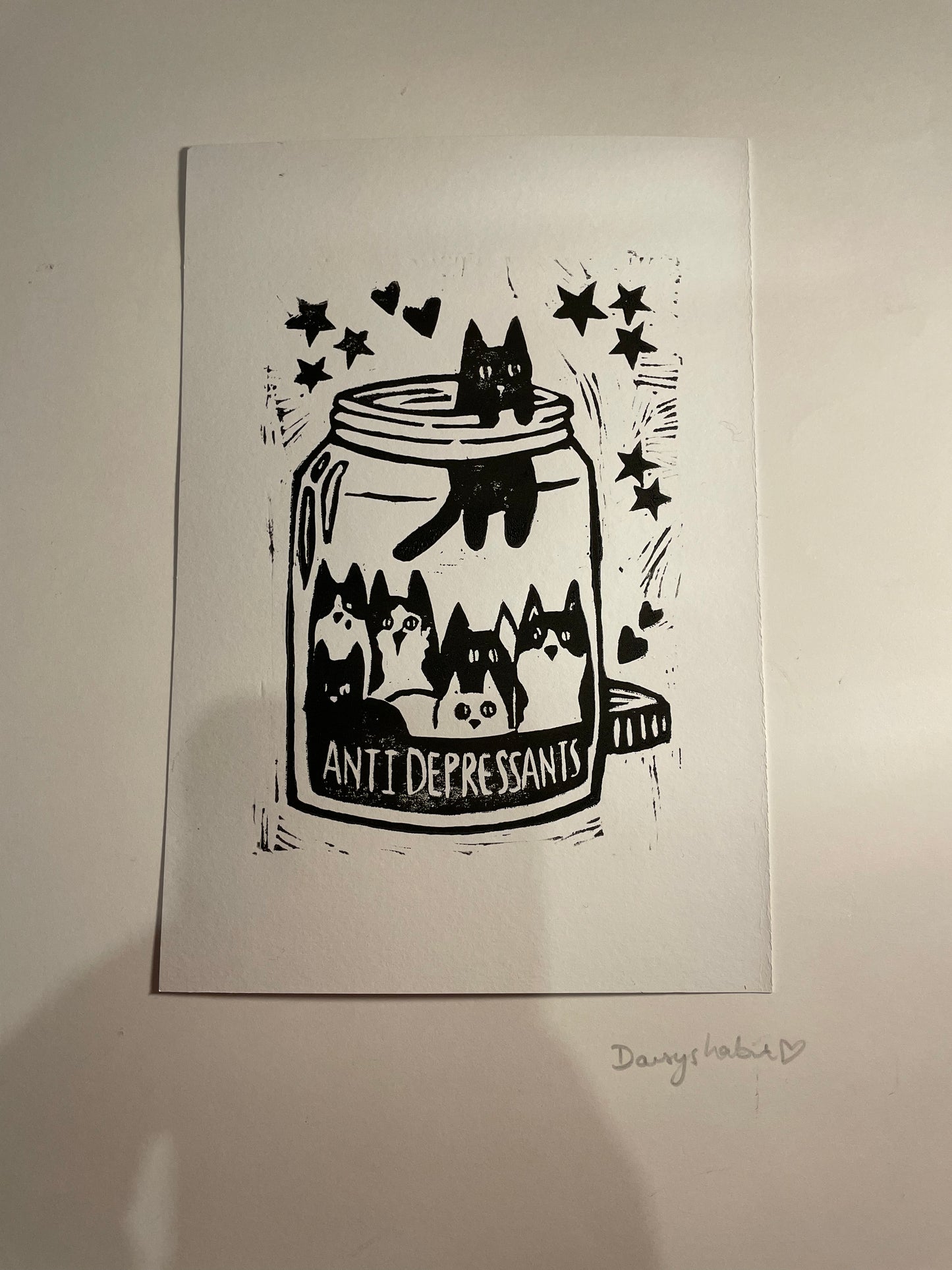 Antidepressant cat jar linocut art print