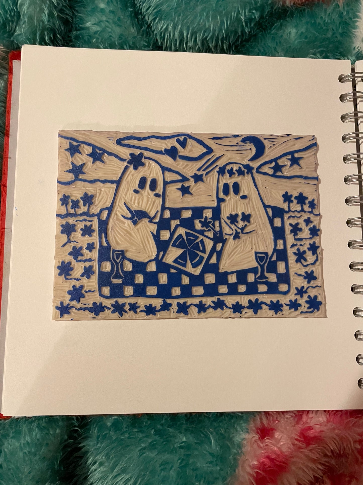 ghost picnic linocut art print