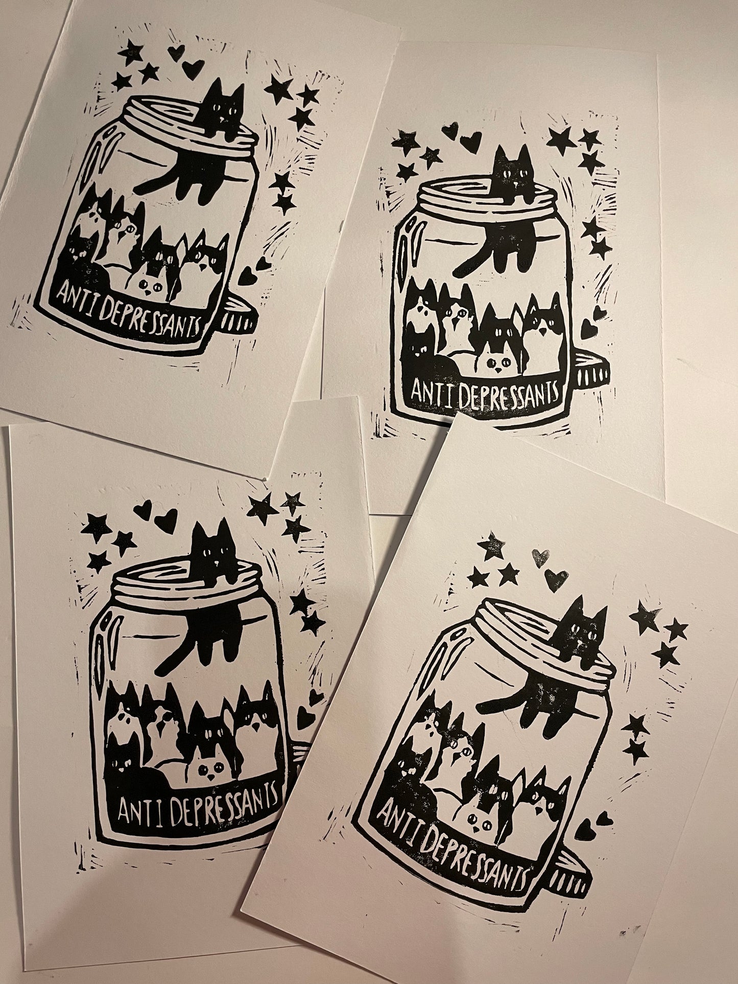 Antidepressant cat jar linocut art print
