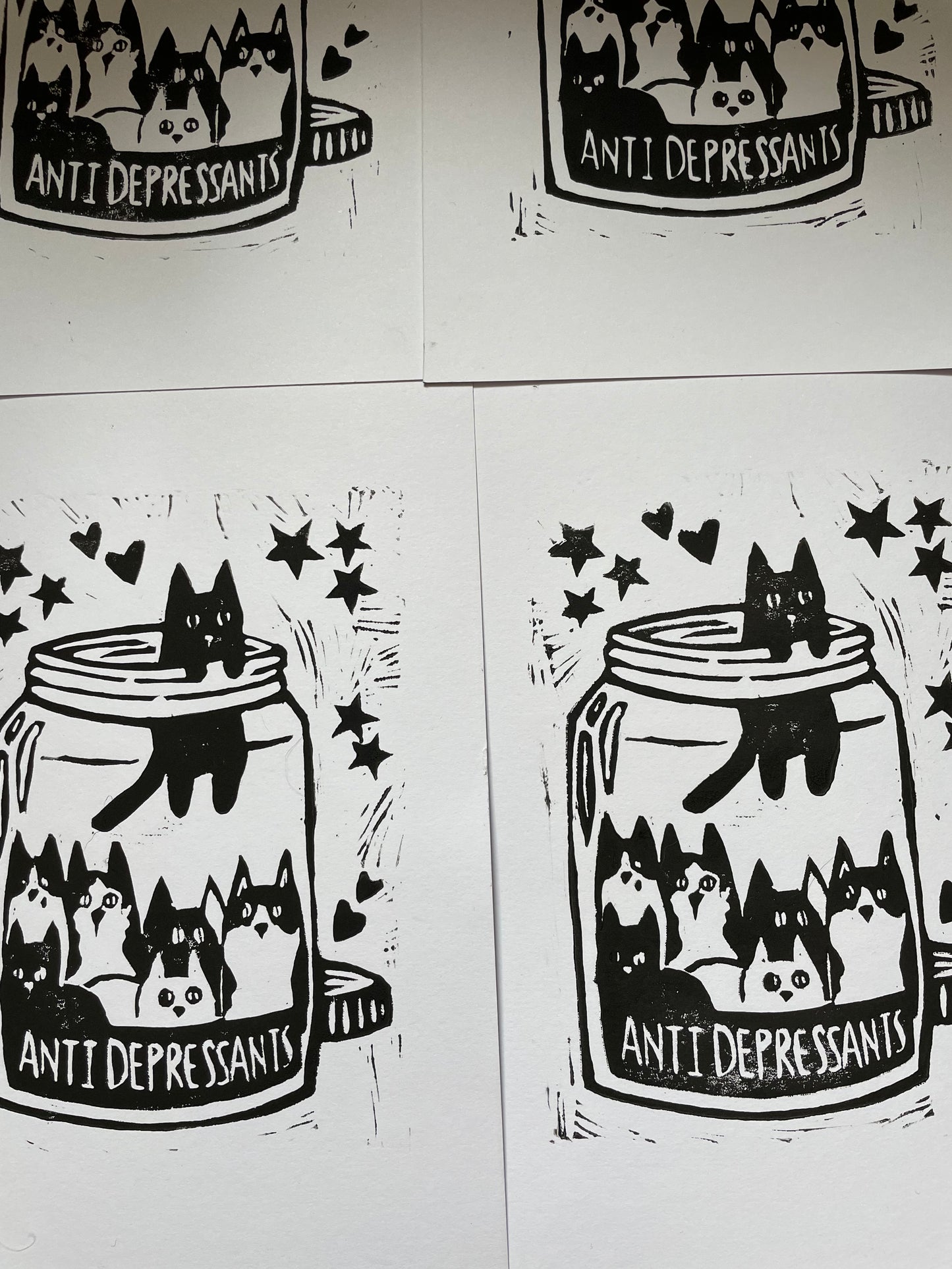 Antidepressant cat jar linocut art print