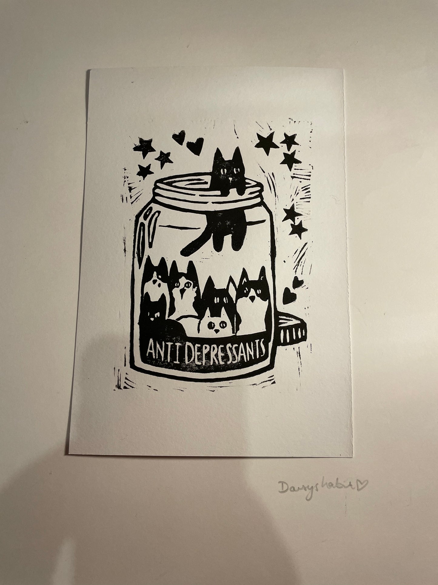 Antidepressant cat jar linocut art print