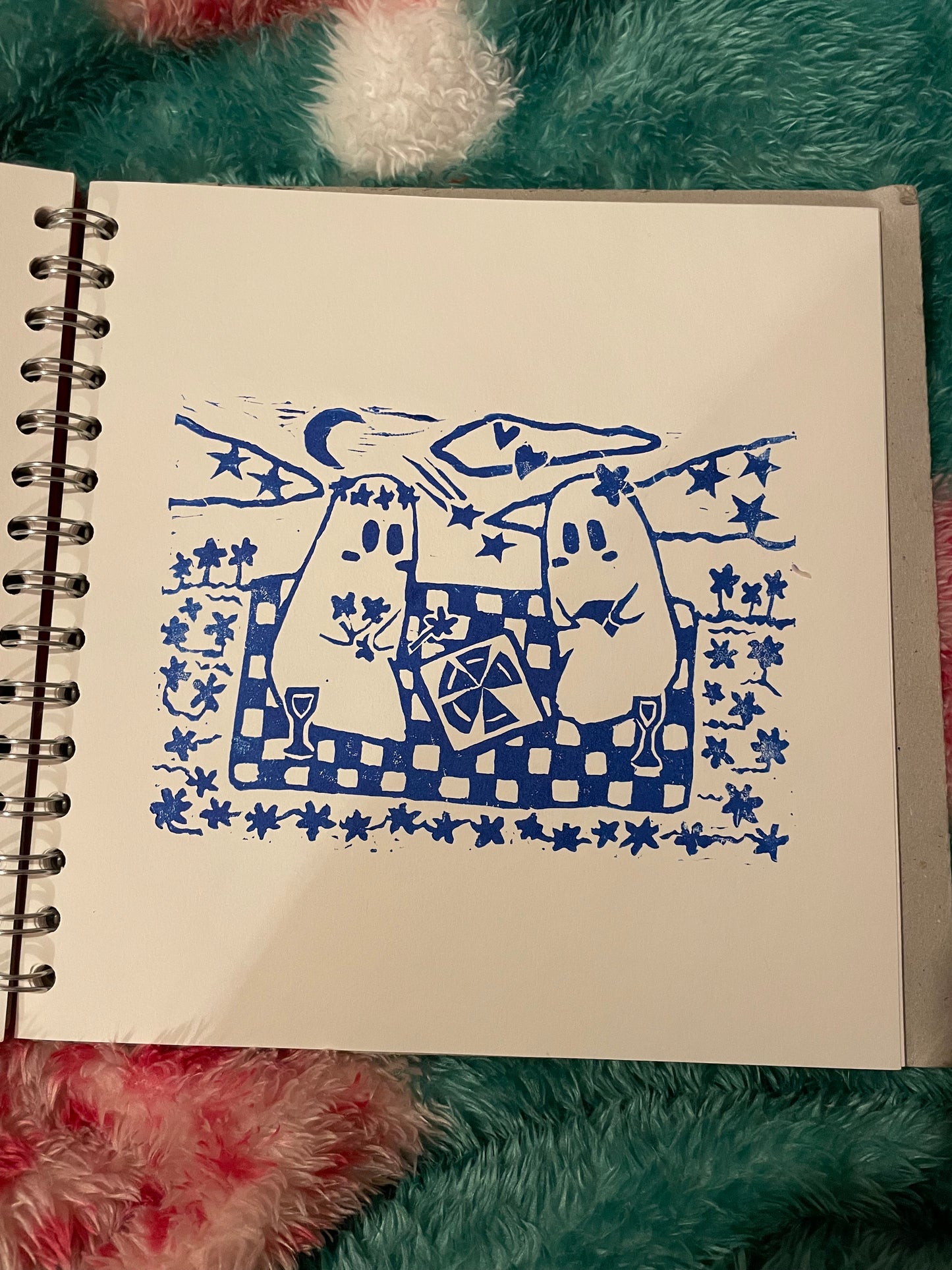 ghost picnic linocut art print