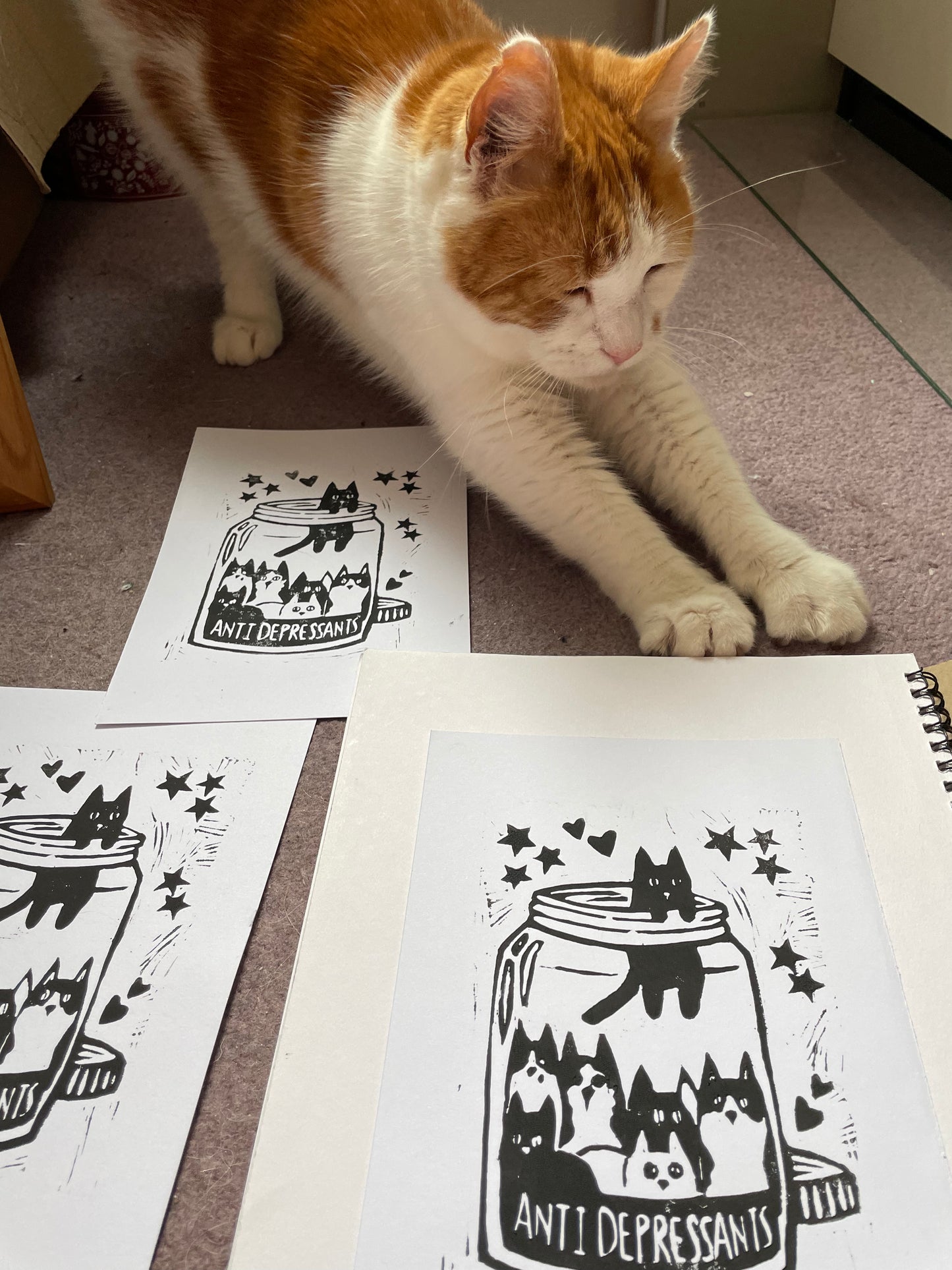 Antidepressant cat jar linocut art print