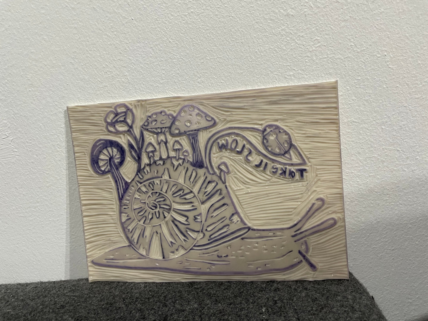 Take it slow snail with mushrooms linocut art print