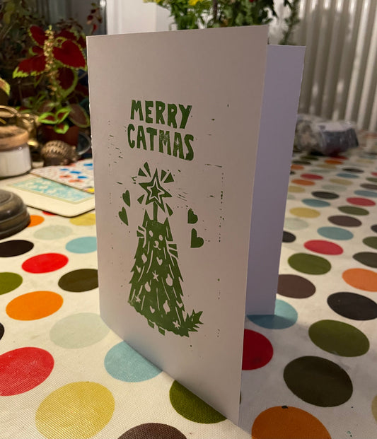 Merry catmas christmas card little cat tree with stars