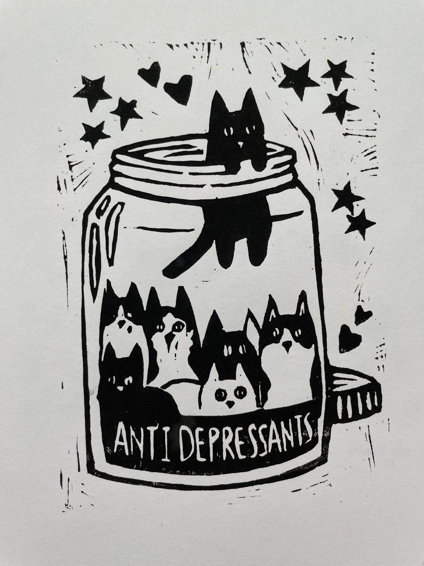 Antidepressant cat jar linocut art print