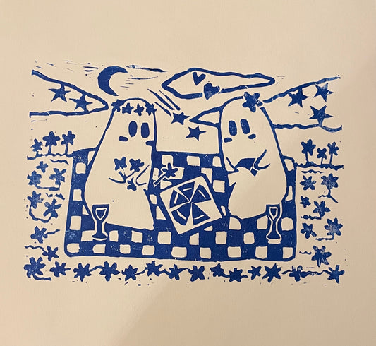 ghost picnic linocut art print