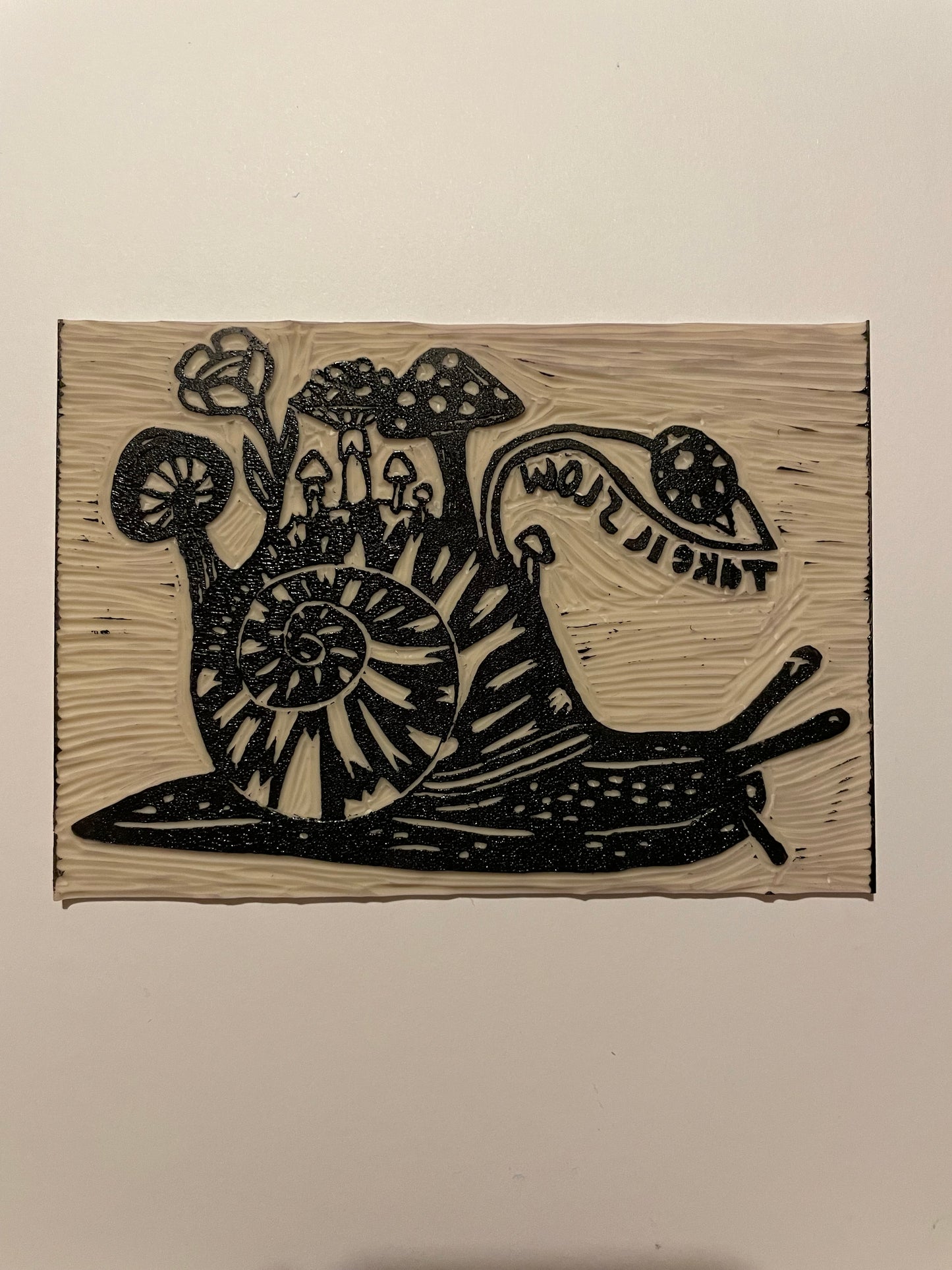 Take it slow snail with mushrooms linocut art print