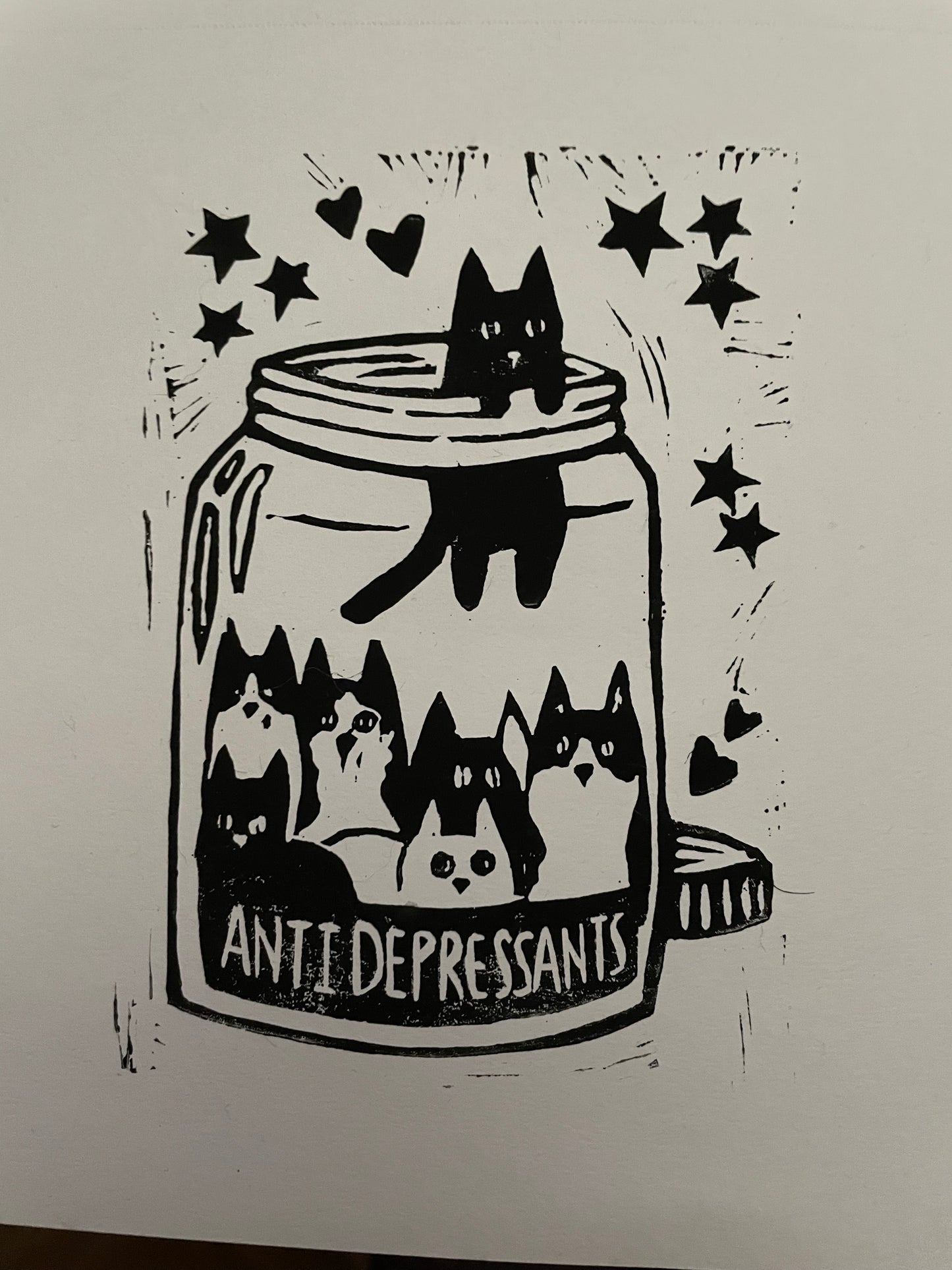 Antidepressant cat jar linocut art print